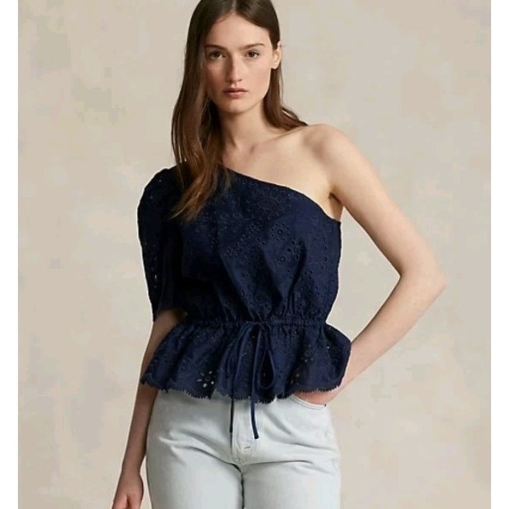 Polo By Ralph Lauren 18 One Shoulder Eyelet Scalloped Tie Waist Top Nautical - Picture 1 of 11